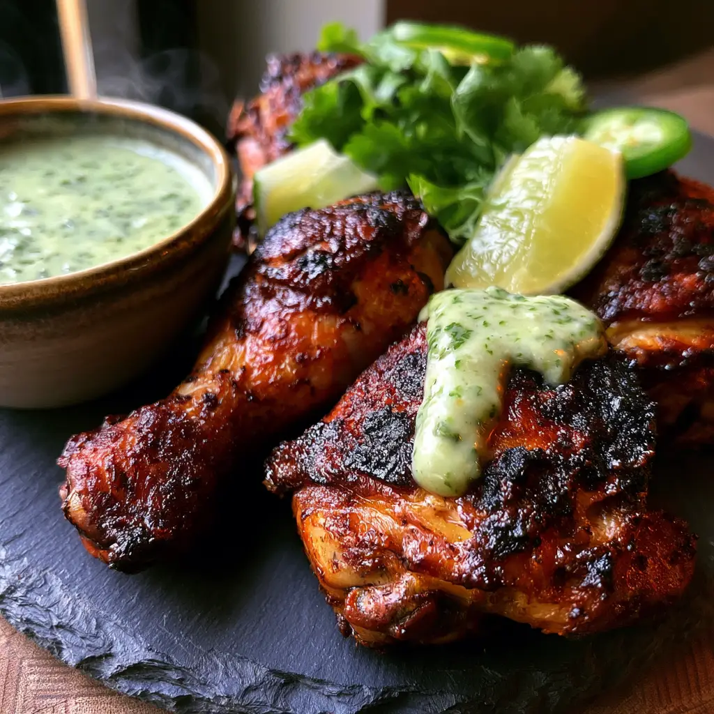 Peruvian Chicken thigh with a dollop of creamy green Aji Verde sauce melting over the hot, crispy skin.