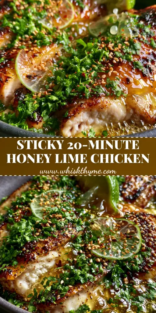 honey lime chicken recipe: Sticky, Pan-Seared Perfection 4 Vertical Pinterest Pin showing a honey lime chicken recipe with bubbling glaze, cilantro, and lime wheels in a dark bowl.