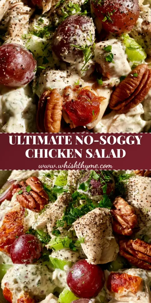 A close-up vertical shot of chunky rotisserie chicken salad with crimson grapes and toasted pecans on a romaine leaf. (Chicken Salad Recipes)
