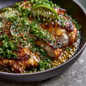Extreme close-up overhead shot of honey lime chicken recipe with translucent glaze and toasted sesame seeds.