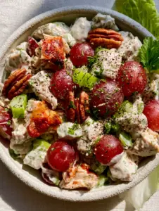 Overhead macro shot of rotisserie chicken salad in a white ceramic bowl with visible fresh dill and cracked pepper. (Chicken Salad Recipes)
