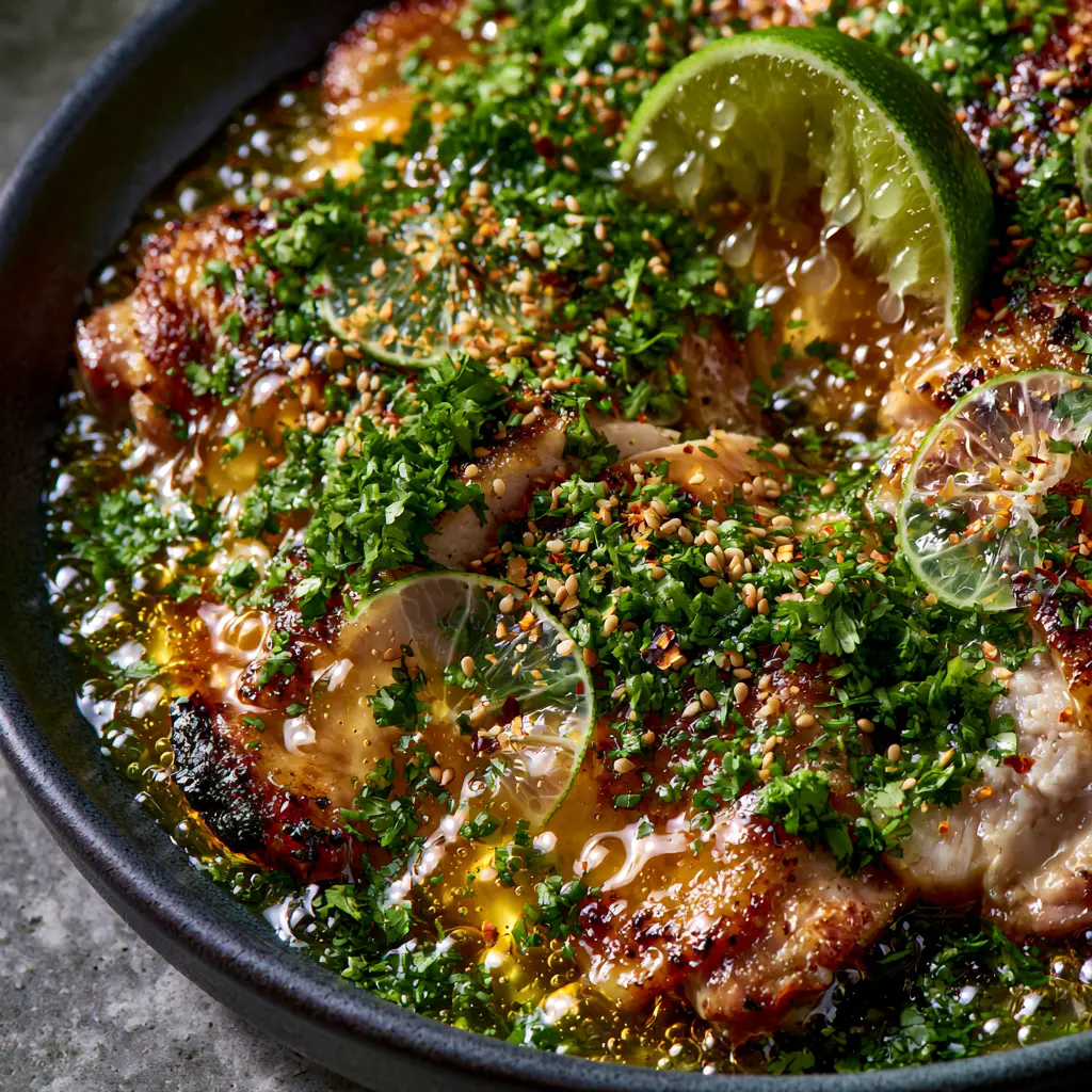 honey lime chicken recipe: Sticky, Pan-Seared Perfection 1 Sliced pan-seared chicken thighs with charred edges and fresh cilantro garnish.