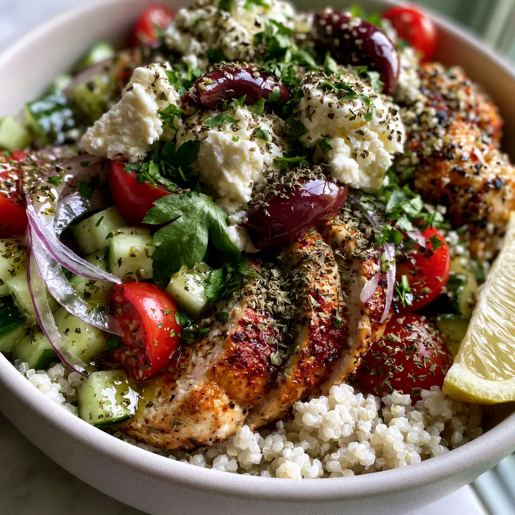 Chicken and Quinoa Salad: The Ultimate Mediterranean Power Bowl 2 Extreme close-up of seared golden-brown chicken slices and fluffy white quinoa grains in a Chicken and Quinoa Salad.
