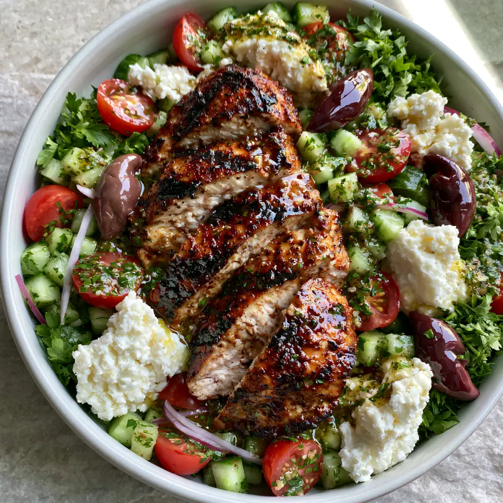 Mediterranean Grilled Chicken Salad Recipe: The Ultimate Healthy Lunch 2 Extreme close-up of seared chicken breast with dark grill marks and glistening moisture in a Mediterranean salad. (Mediterranean Grilled Chicken Salad Recipe)