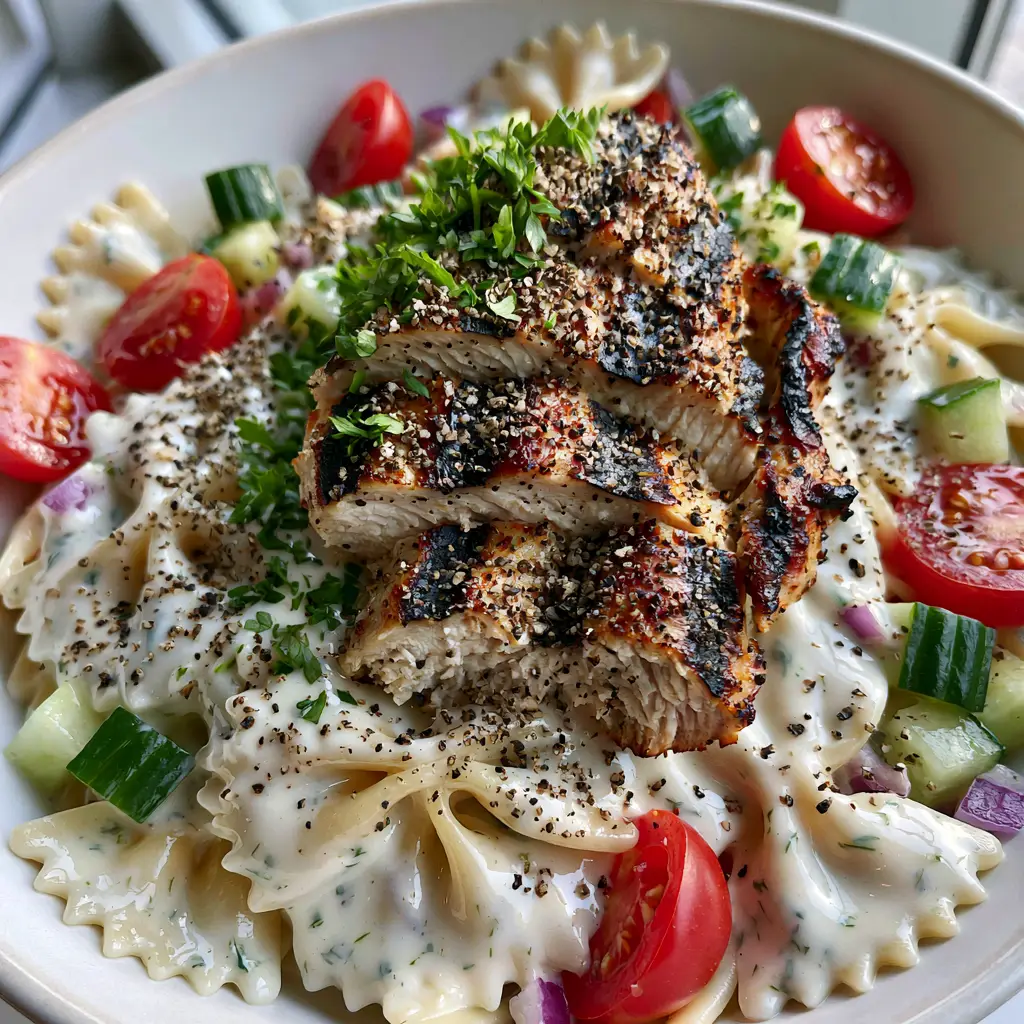 Grilled Chicken Bow Tie Pasta Salad with Creamy Herb Dressing 1 Close up of succulent seared chicken breast with dark grill marks sitting atop a Grilled Chicken Bow Tie Pasta Salad.