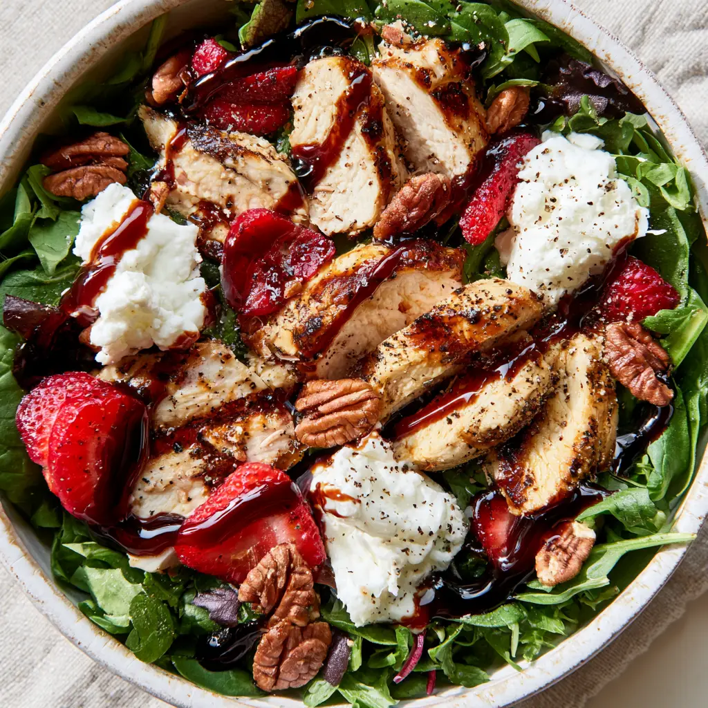 Strawberry Balsamic Chicken Salad with Goat Cheese and Pecans 1 Glossy mahogany balsamic glaze drizzled over strawberries and goat cheese in a strawberry balsamic chicken salad.