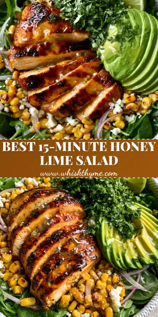 A close-up vertical shot of Honey Lime Chicken Avocado Salad with glazed chicken, fanned avocado, and charred corn in a white bowl.