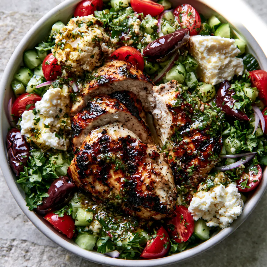 Mediterranean Grilled Chicken Salad Recipe: The Ultimate Healthy Lunch 1 Close-up of diced Persian cucumbers, halved cherry tomatoes, whole Kalamata olives, and large feta crumbles coated in a glossy lemon vinaigrette.
