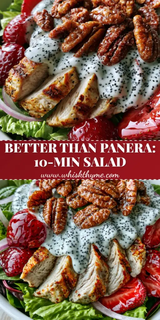 A vibrant Strawberry Poppy Seed Chicken Salad in a white bowl featuring seared chicken, red strawberries, and creamy dressing. (strawberry poppy seed chicken salad)