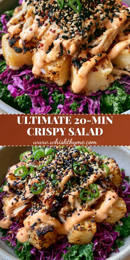 Bang Bang Chicken Crispy Rice Salad with Creamy Chili Sauce 3 High-angle view of a Bang Bang Chicken Crispy Rice Salad in a stone-grey bowl with golden rice cubes and creamy sauce drizzle.