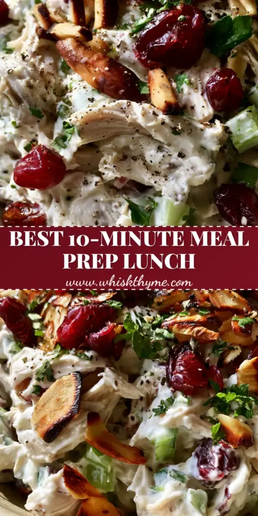 A rustic bowl of cranberry almond chicken salad with shredded chicken, ruby cranberries, and toasted almonds on a linen napkin.