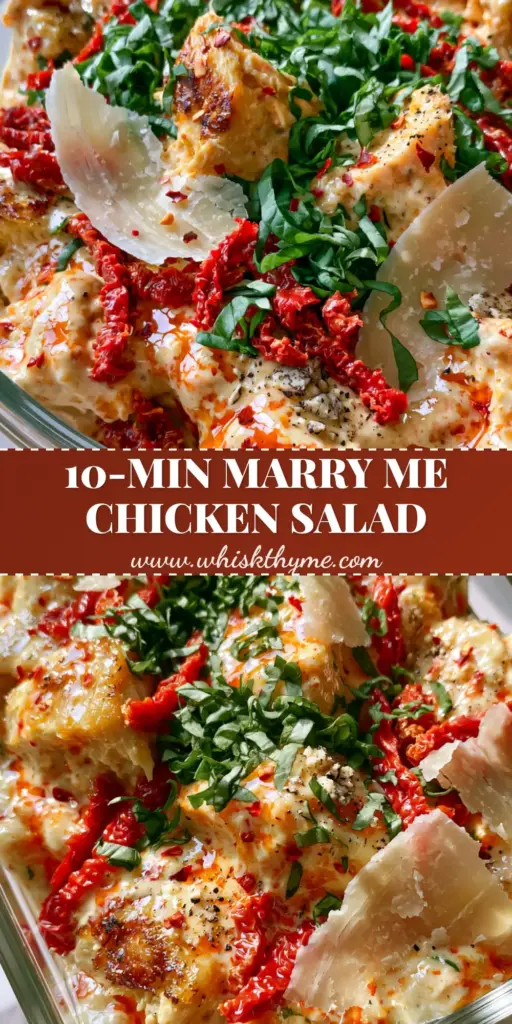 A top-down view of Marry Me Chicken Salad in a meal prep container, featuring pulled chicken, creamy orange sauce, and large parmesan shavings. (marry me chicken salad)