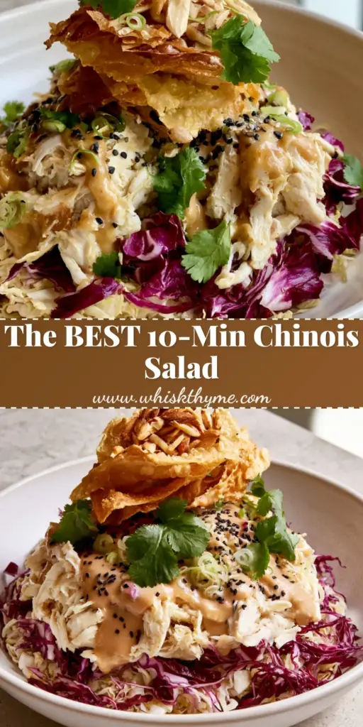 A professional food photography shot of a Wolfgang Puck Chinois Chicken Salad in a white bowl with shredded cabbage, hand-shredded chicken, and crispy wontons.