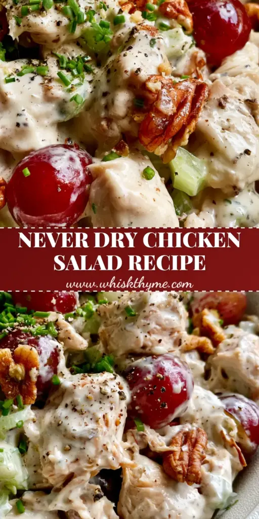 Overhead shot of Million Dollar Chicken Salad in a white bowl showing hand-pulled chicken, crimson grapes, and toasted pecans.