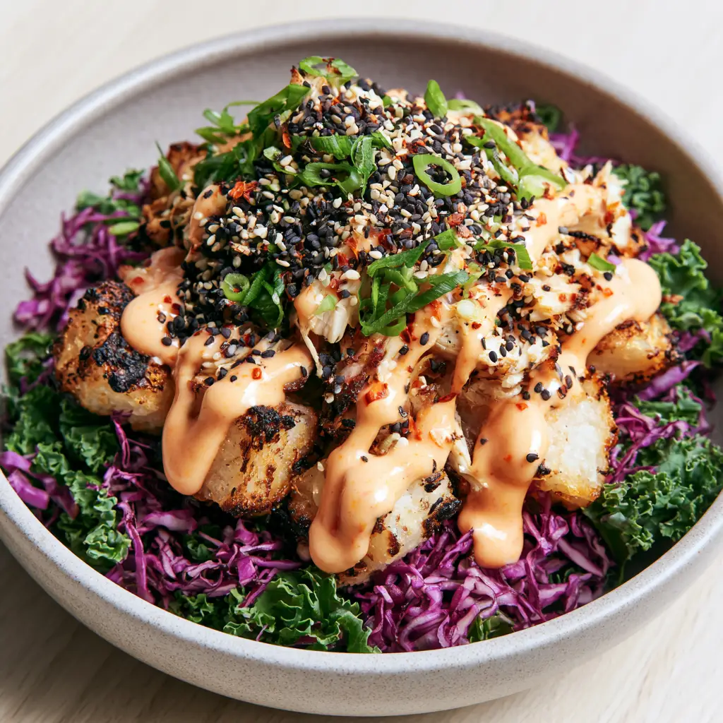 Bang Bang Chicken Crispy Rice Salad with Creamy Chili Sauce 2 A vibrant Bang Bang Chicken Crispy Rice Salad featuring shredded purple cabbage, emerald kale, and golden air-fried rice cubes.