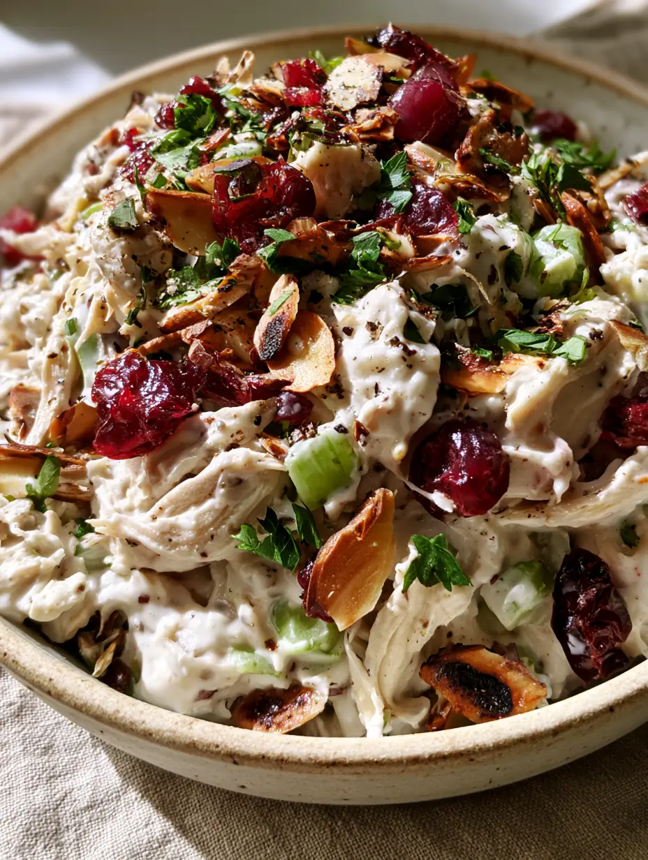 Close up of shredded rotisserie chicken folded into thick white Greek yogurt dressing for cranberry almond chicken salad.