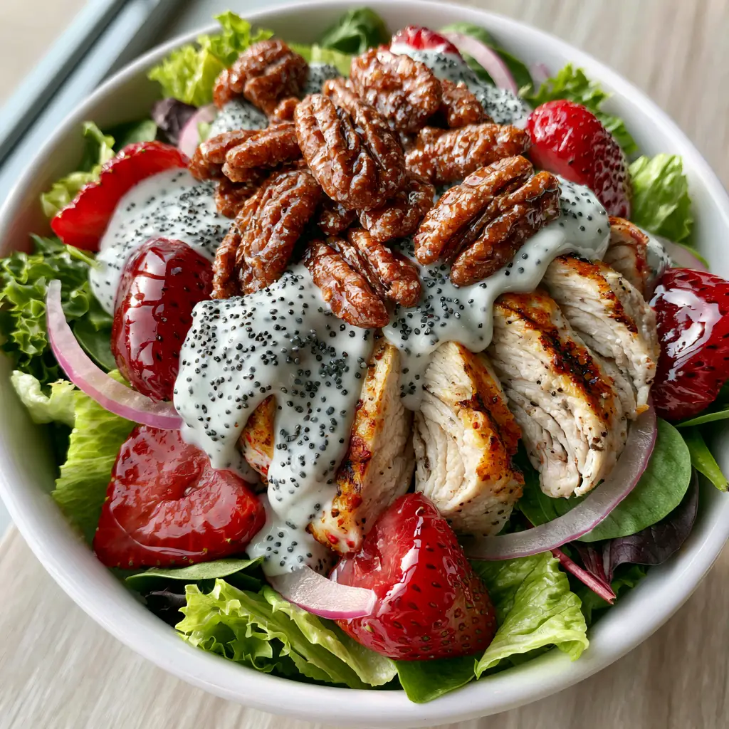 Close up of creamy poppy seed dressing drizzled over fresh strawberries and grilled chicken in a salad.
