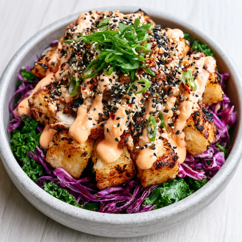 Bang Bang Chicken Crispy Rice Salad with Creamy Chili Sauce 1 Close up of creamy orange bang bang sauce drizzled over shredded chicken and crispy rice cubes.