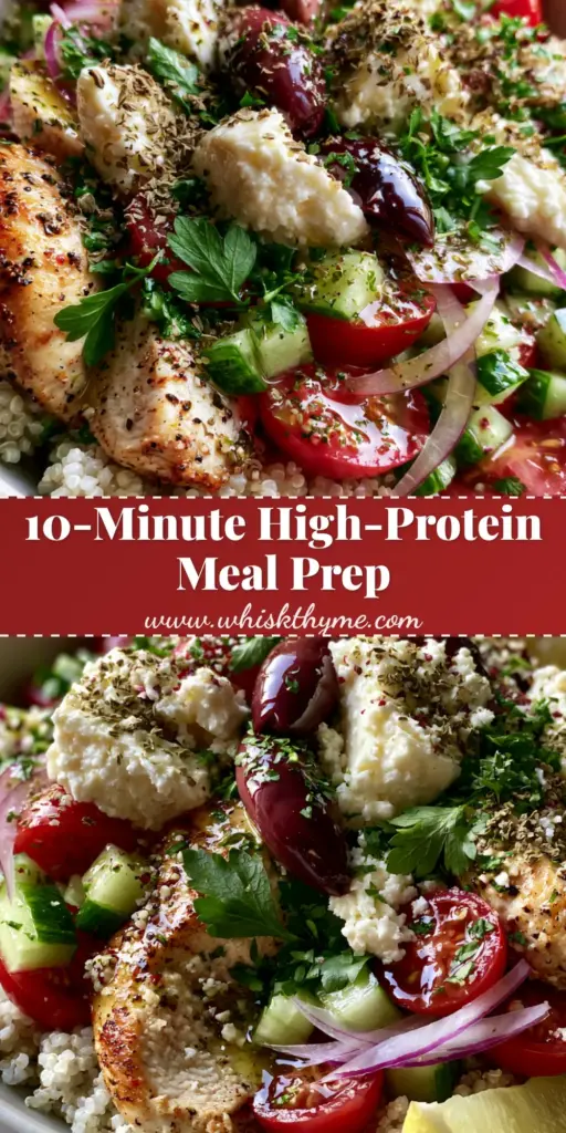 Chicken and Quinoa Salad: The Ultimate Mediterranean Power Bowl 3 An overhead view of a vibrant Chicken and Quinoa Salad in a matte white bowl featuring seared golden chicken, feta, and kalamata olives.
