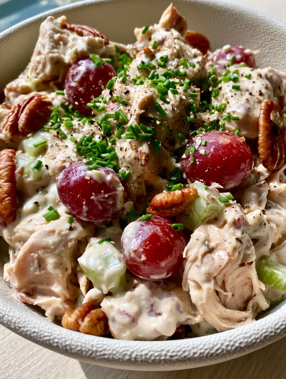 Extreme close-up of Million Dollar Chicken Salad with glossy white dressing and bright green chives.