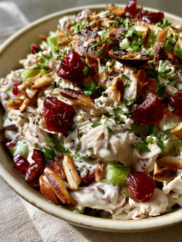 A mountain of cranberry almond chicken salad topped with emerald parsley and charred slivered almonds.