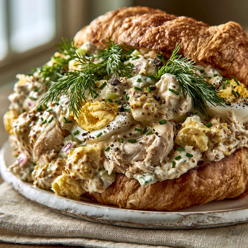 Gourmet chicken and egg salad overflowing from a flaky croissant garnished with fresh herbs.