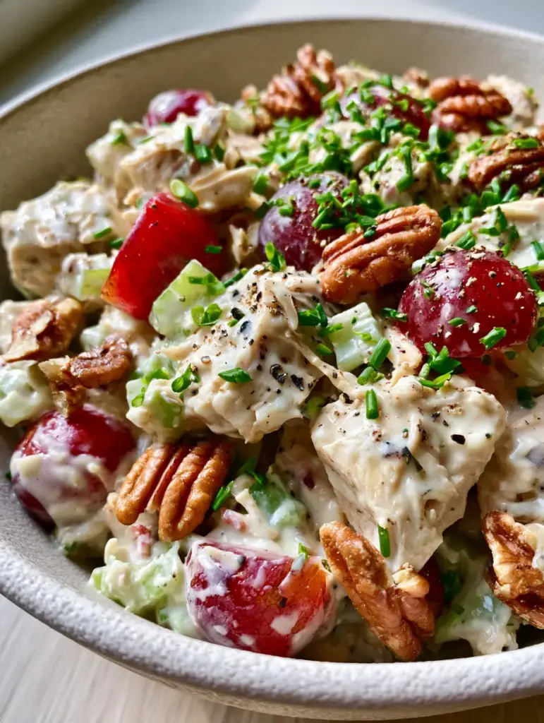 Macro view of toasted pecan halves and halved crimson grapes in Million Dollar Chicken Salad.