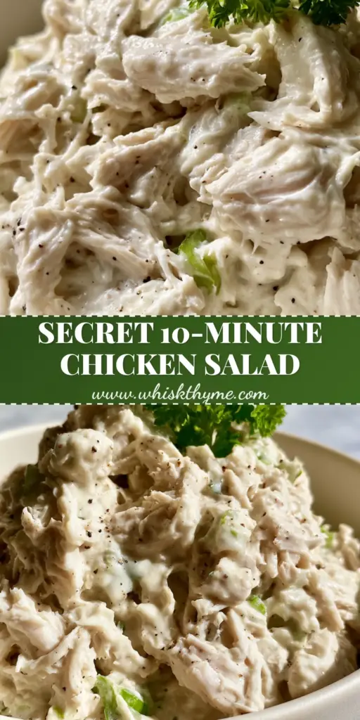 classic carol chicken salad: The Best Shredded Southern Style 3 A high scoop of classic carol chicken salad in a white bowl showing fine-minced texture and curly parsley garnish.