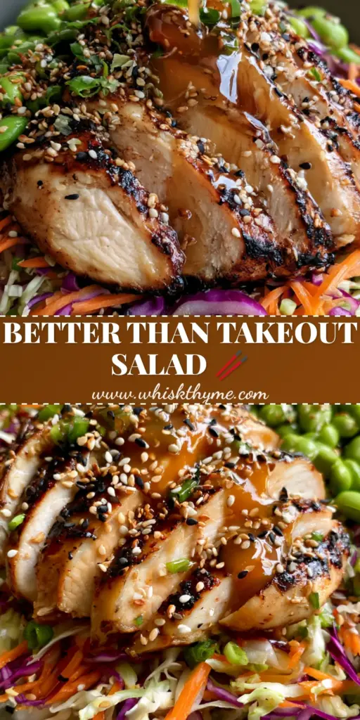 A vibrant sesame chicken salad in a grey bowl with charred chicken slices, shredded purple cabbage, and glossy ginger dressing pour. (sesame chicken salad)