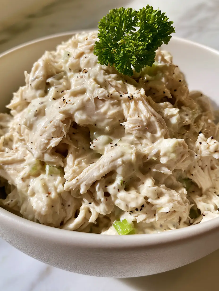classic carol chicken salad: The Best Shredded Southern Style 4 Macro close-up of fine-minced chicken salad fibers enveloped in a glossy cream dressing. (classic carol chicken salad)