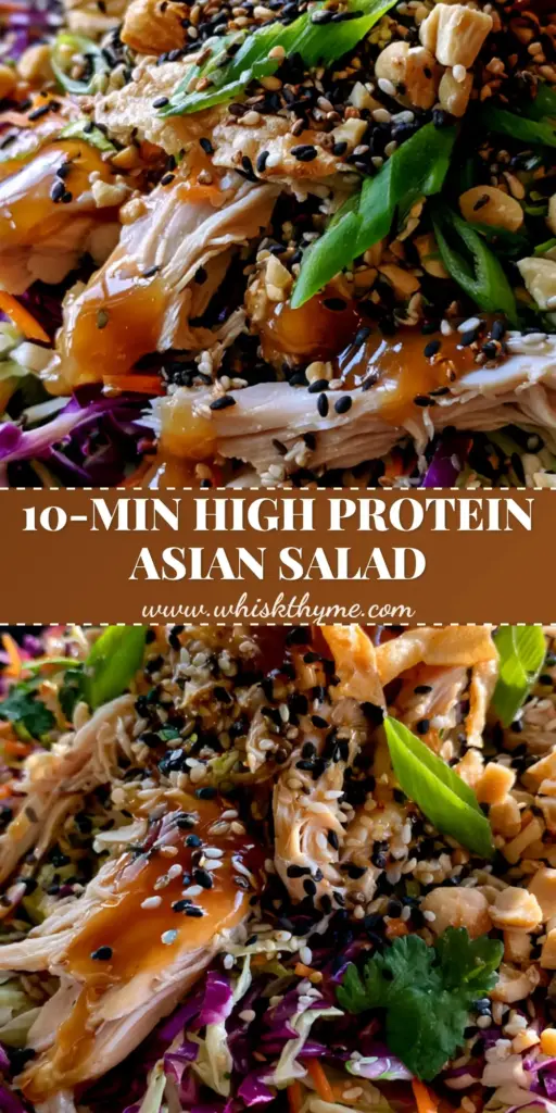 A vibrant Crunchy Asian chicken salad in a charcoal bowl featuring shredded cabbage, golden wonton strips, and sesame seeds.