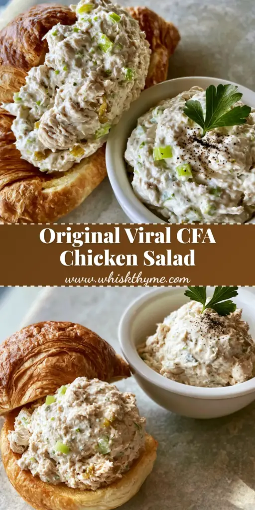 A tall Pinterest pin showing a scoop of Chick-Fil-A Copycat Chicken Salad on a buttery toasted croissant with fresh parsley garnish.