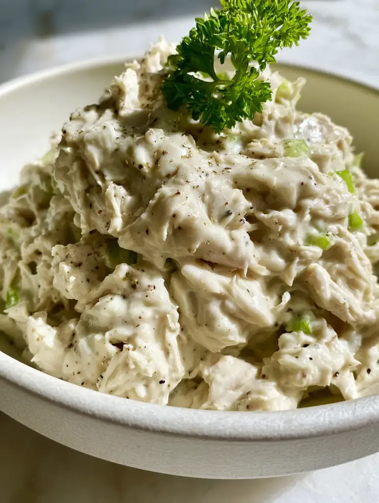 classic carol chicken salad: The Best Shredded Southern Style 1 A scoop of creamy chicken salad with pinpoint black pepper specks and a parsley garnish on a marble countertop. (classic carol chicken salad)