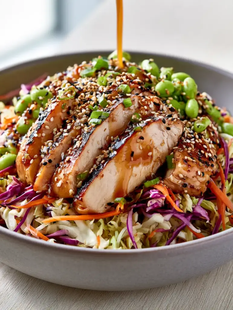 Close-up of seared chicken breast with golden char marks on a bed of shredded cabbage. (sesame chicken salad)