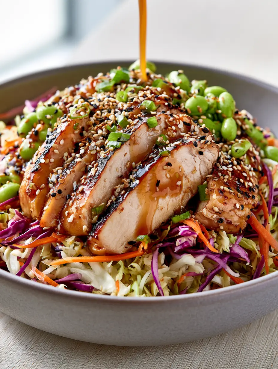 Close-up of seared chicken breast with golden char marks on a bed of shredded cabbage. (sesame chicken salad)