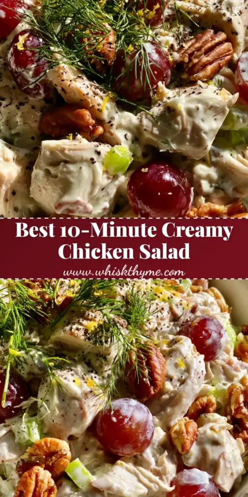 A gourmet cold chicken salad featuring shredded rotisserie chicken, red grapes, and toasted pecans in a white bowl. (cold chicken salad)