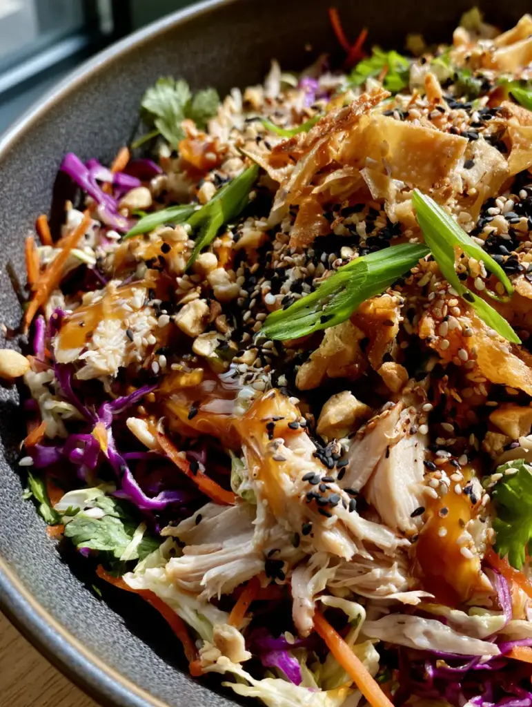 Macro shot of Crunchy Asian chicken salad showing glossy dressing droplets on purple cabbage and sesame seeds.