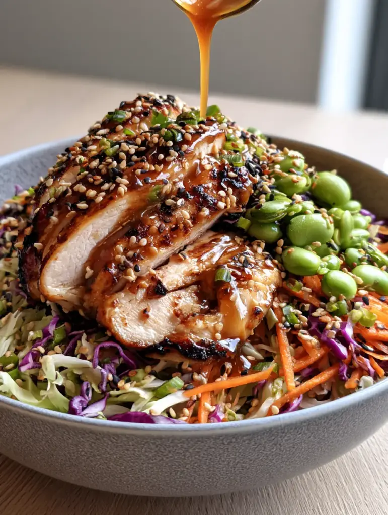 Overhead view of julienned carrots, edamame, and sesame seeds garnishing a fresh salad.