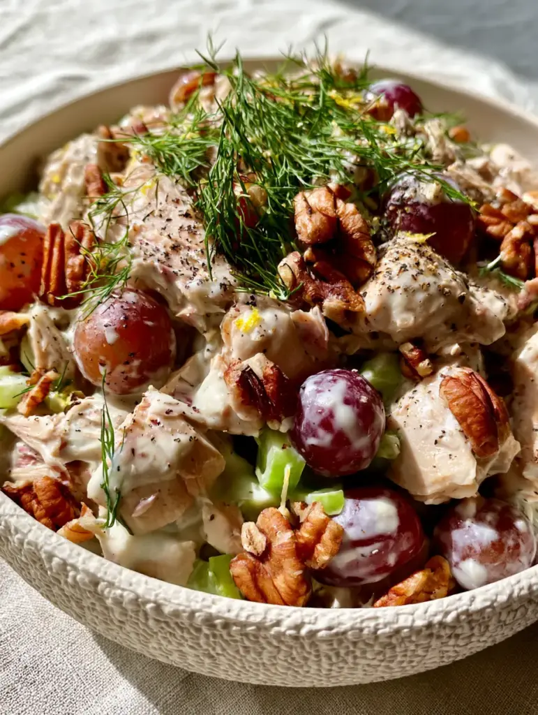 Close-up of creamy cold chicken salad with fresh dill and cracked black pepper. (cold chicken salad)