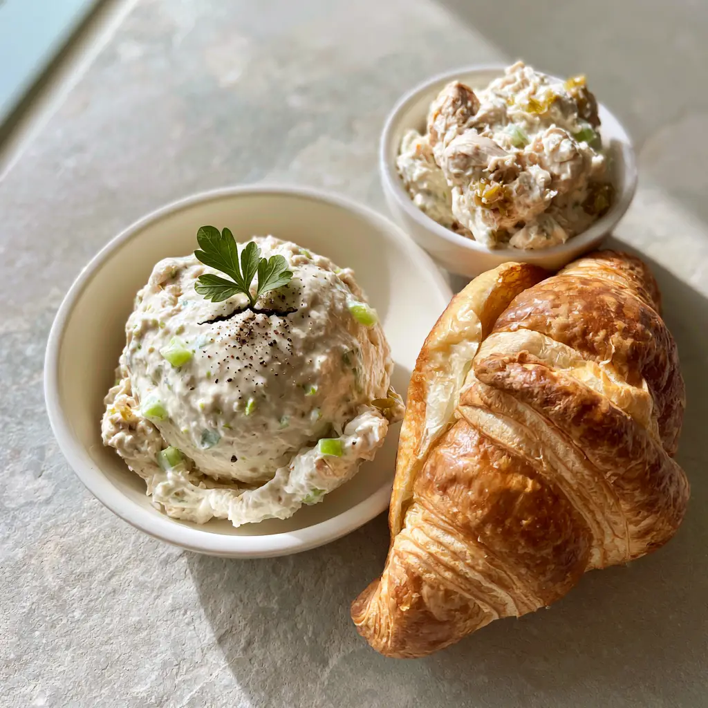 Top-down macro photo of a finely ground Chick-Fil-A Copycat Chicken Salad scoop on a golden croissant.