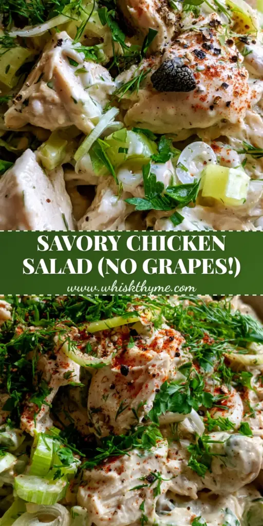 A close-up shot of savory chicken salad with hand-shredded chicken, fresh dill, and cracked black pepper in a white bowl.