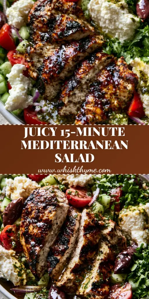 Mediterranean Grilled Chicken Salad Recipe: The Ultimate Healthy Lunch 4 A tall Pinterest pin showing a Mediterranean Grilled Chicken Salad Recipe with seared chicken slices, bright red tomatoes, and large feta chunks in a white bowl. (Mediterranean Grilled Chicken Salad Recipe)