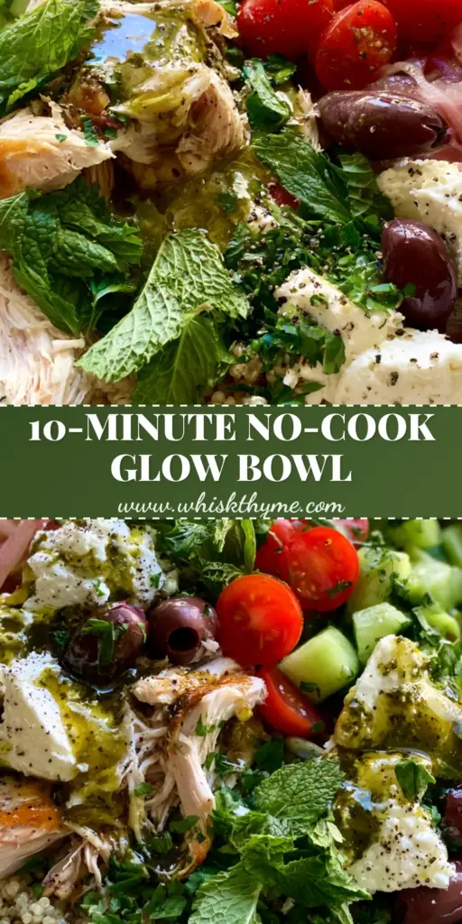 Quinoa Rotisserie Chicken Salad: The Ultimate Mediterranean Glow Bowl 4 A vibrant Quinoa Rotisserie Chicken Salad glow bowl with fluffy quinoa, shredded chicken, feta chunks, and fresh herbs in a white dish. (Quinoa Rotisserie Chicken Salad)