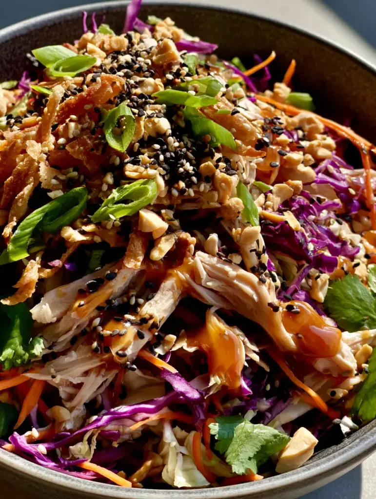 Top-down view of a Crunchy Asian chicken salad bowl with golden wonton strips and bright green cilantro.