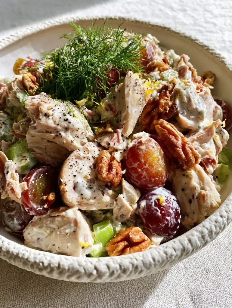 Top-down view of a handcrafted bowl filled with cold chicken salad featuring pecans and red grapes.
