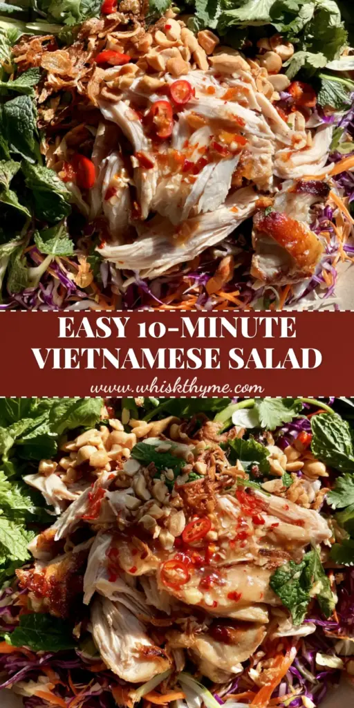 A handheld smartphone photo of Vietnamese Chicken Salad in a sand-colored bowl with shredded chicken, purple cabbage, peanuts, and red chilies.