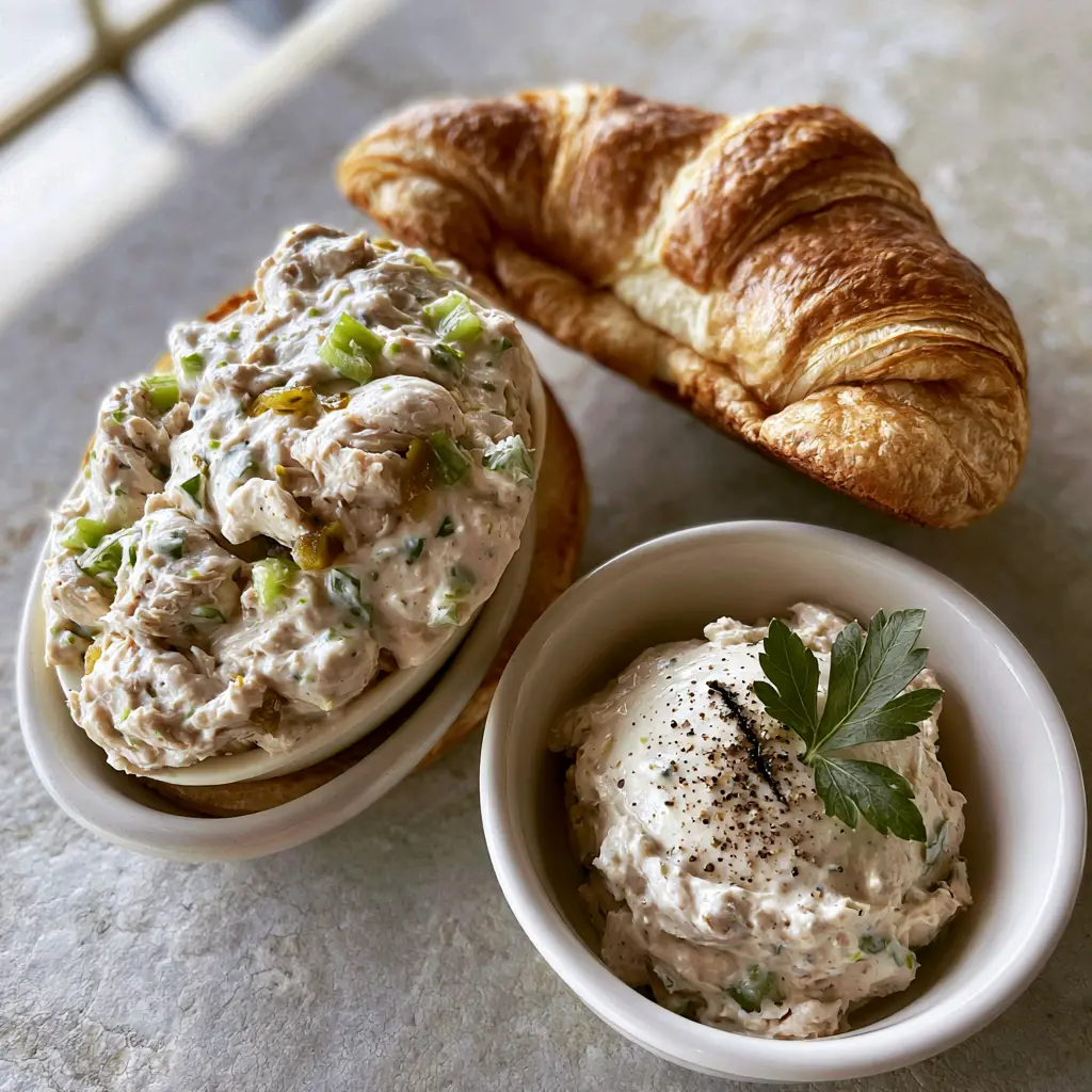 A side-by-side view of a chicken salad croissant sandwich and an extra scoop in a white ceramic bowl.