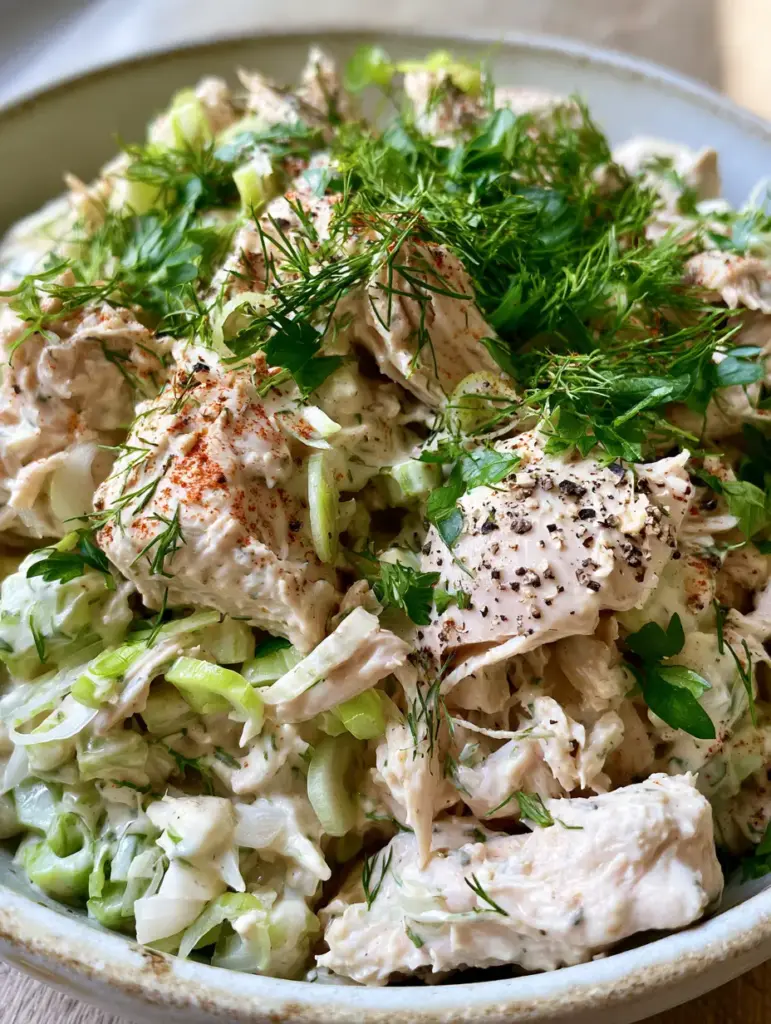 Macro photo of savory chicken salad showing the velvety dressing and neon-green celery. (savory chicken salad)