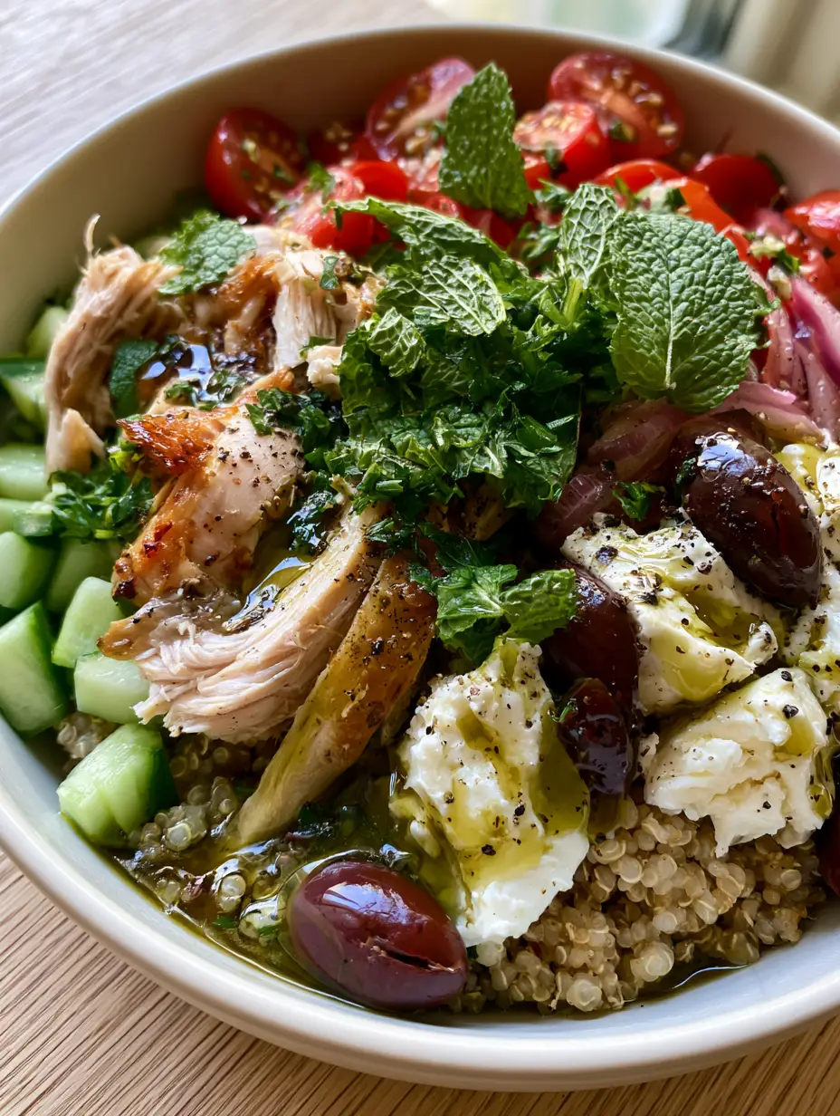 Quinoa Rotisserie Chicken Salad: The Ultimate Mediterranean Glow Bowl 3 Handheld smartphone photo of a vibrant Mediterranean Quinoa Rotisserie Chicken Salad on a light wood background. (Quinoa Rotisserie Chicken Salad)