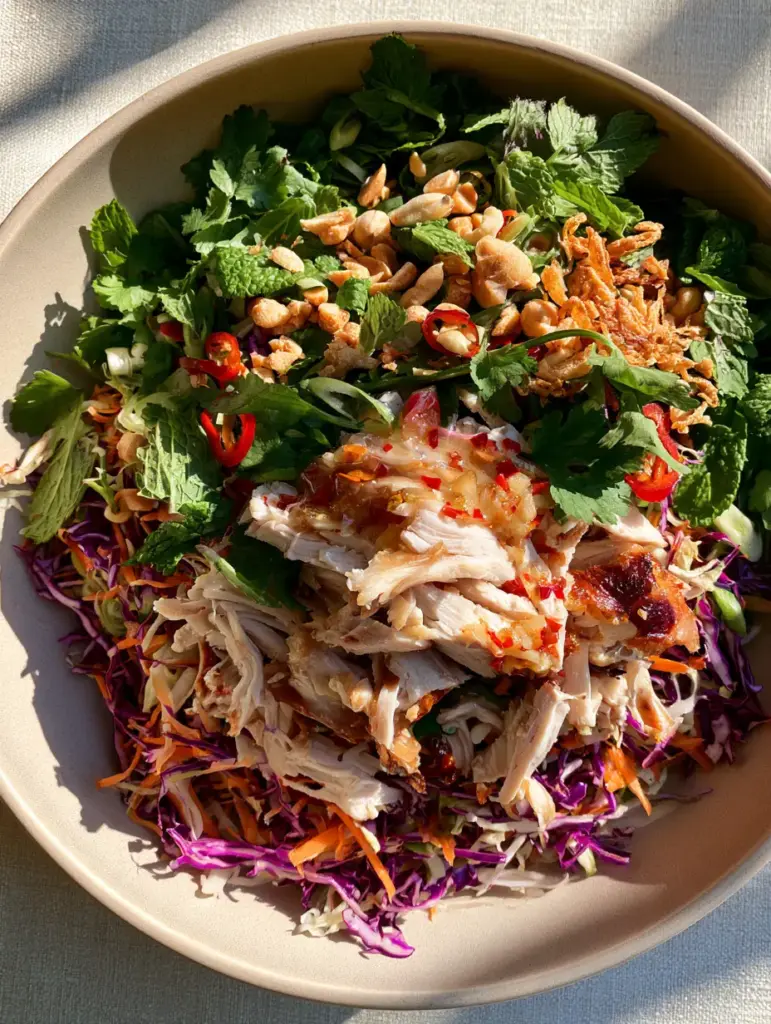 Top-down view of vibrant Vietnamese Chicken Salad featuring shredded rotisserie chicken and julienned vegetables in a matte ceramic bowl.